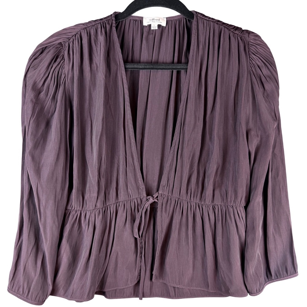 Wilfred Aritzia Plum Purple Japanese Fabric Tie Front Peplum Blouse Large 60051